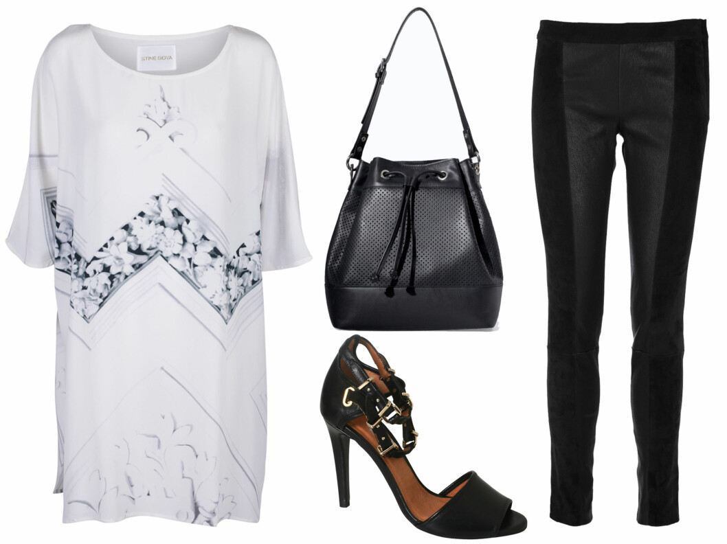 <strong>MED SKINNBUKSE:</strong> Kjole (kr 2500, Stine Goya), veske (kr 900, Zara), sko (kr 1595, Rizzo) og skinnbukse (kr 4000, Inwear). Foto: Produsentene <strong>MED SKINNBUKSE:</strong> Kjole (kr 2500, Stine Goya), veske (kr 900, Zara), sko (kr 1595, Rizzo) og skinnbukse (kr 4000, Inwear). Foto: Produsentene