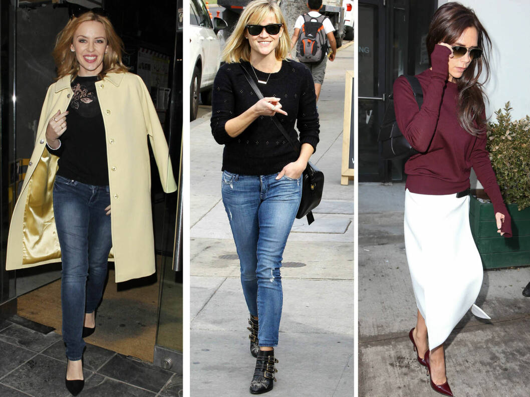 PERFEKT TIL SKJØRT OG JEANS: Gjør som Kylie Minogue og Reese Witherspoon, og gå for en vintageinspirert genser til slitte blå jeans, eller kombiner burgunder og hvitt, som Victoria Beckham. Foto: All Over Press PERFEKT TIL SKJØRT OG JEANS: Gjør som Kylie Minogue og Reese Witherspoon, og gå for en vintageinspirert genser til slitte blå jeans, eller kombiner burgunder og hvitt, som Victoria Beckham. Foto: All Over Press