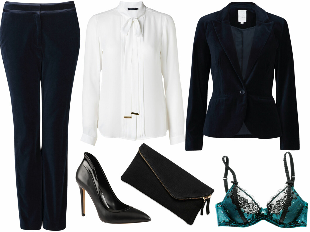 <strong>FLØYELSDRESS:</strong> Blå fløyelsbukser (kr 500) og fløyelsjakke (kr 800, begge fra Vivikes), hvit bluse (kr (kr 500, MQ), svarte pumps (kr 1000, Aldo), svart clutch (kr 500, MQ) og turkis blondebh (kr 200, H&M). Foto: Produsenter <strong>FLØYELSDRESS:</strong> Blå fløyelsbukser (kr 500) og fløyelsjakke (kr 800, begge fra Vivikes), hvit bluse (kr (kr 500, MQ), svarte pumps (kr 1000, Aldo), svart clutch (kr 500, MQ) og turkis blondebh (kr 200, H&M). Foto: Produsenter