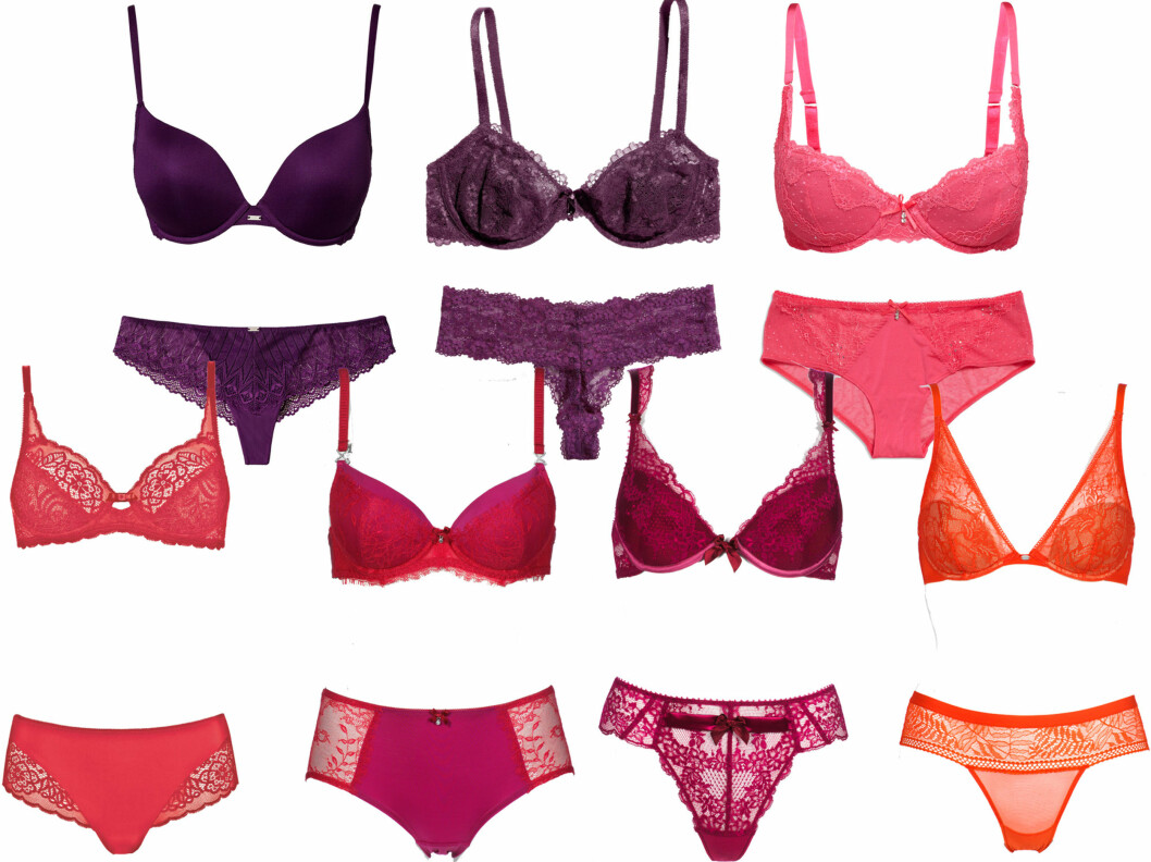 <strong>Styling:</strong> Tuva WærdahlSEXYTIPS: LA GJERNE BLONDESTROPPEN TITTE FRAM FRA BLUSEN: Øverst til venstre i lilla med blonder (bh kr 600) og truse (kr 300, Tommy Hilfiger), lilla bh (kr 130) og truse (kr 60, H&M), rød bh med blonder (kr 450) og truse (kr 250, Triumph), rosa bh med blonder (kr 300) og tilhørende truse (kr 180, Lindex), bh (kr 600) og truse med blondekant (kr 370, Change), bh (kr 620) og truse med sløyfe (kr 350, Femilet) og bh i sesongens it-farge oransje (kr 450) og tilhørende truse (kr 330, Calvin Klein). Foto: Produsenter <strong>Styling:</strong> Tuva WærdahlSEXYTIPS: LA GJERNE BLONDESTROPPEN TITTE FRAM FRA BLUSEN: Øverst til venstre i lilla med blonder (bh kr 600) og truse (kr 300, Tommy Hilfiger), lilla bh (kr 130) og truse (kr 60, H&M), rød bh med blonder (kr 450) og truse (kr 250, Triumph), rosa bh med blonder (kr 300) og tilhørende truse (kr 180, Lindex), bh (kr 600) og truse med blondekant (kr 370, Change), bh (kr 620) og truse med sløyfe (kr 350, Femilet) og bh i sesongens it-farge oransje (kr 450) og tilhørende truse (kr 330, Calvin Klein). Foto: Produsenter