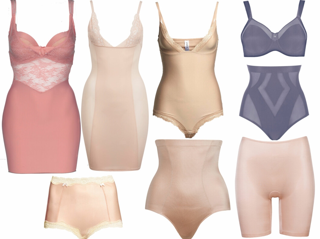 <strong>SNURPER OG STRAMMER LITT INN DER VI ØNSKER:</strong> Rosa underkjole (kr 650) og bh (kr 400, Triumph), hudfarget underkjole (kr 280, Cubus), kremfarget body (kr 300, Lindex), blå bh (kr 400) og truse med høyt liv (kr 350, Triumph), shapetruse (kr 100, H&M), truse med høyt liv (kr 150) og shorts (kr 150, begge fra Cubus). Foto: Produsenter <strong>SNURPER OG STRAMMER LITT INN DER VI ØNSKER:</strong> Rosa underkjole (kr 650) og bh (kr 400, Triumph), hudfarget underkjole (kr 280, Cubus), kremfarget body (kr 300, Lindex), blå bh (kr 400) og truse med høyt liv (kr 350, Triumph), shapetruse (kr 100, H&M), truse med høyt liv (kr 150) og shorts (kr 150, begge fra Cubus). Foto: Produsenter