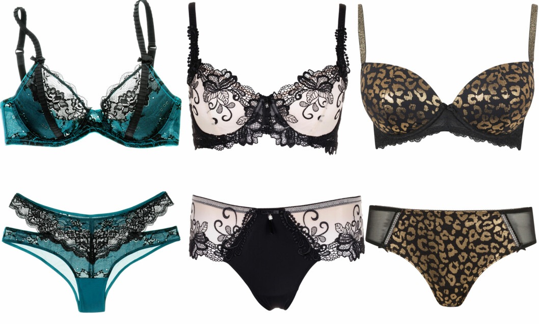 <strong>SENSUELT OG SEXY:</strong> Grønn bh (kr 200) og truse (kr 80, H&M), svart og hvit bh (kr 650) og truse (kr 430, Change) og bh med leoparmønster i gull (kr 150) og truse (kr 80, Cubus). Foto: Produsenter <strong>SENSUELT OG SEXY:</strong> Grønn bh (kr 200) og truse (kr 80, H&M), svart og hvit bh (kr 650) og truse (kr 430, Change) og bh med leoparmønster i gull (kr 150) og truse (kr 80, Cubus). Foto: Produsenter
