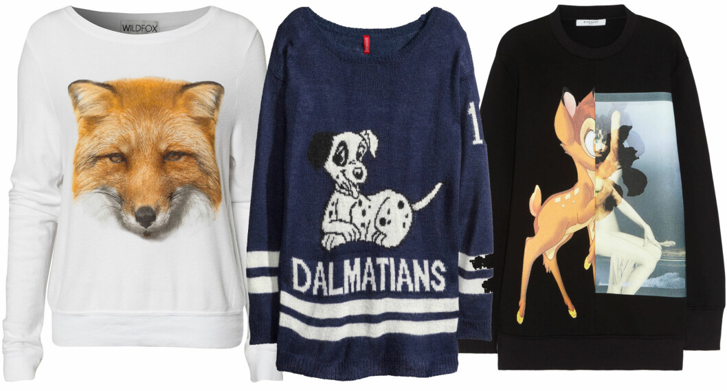 GENSERE MED BARNSLIG TRYKK: Fra venstre med the fox (kr 995, Wildfox/Nelly.com), i blått med søt dalmatinerhund (kr 250, Zara) og Givenchy-genseren som for øyeblikket er utsolgt med lang venteliste (cirka kr 8000, Givenchy/Net-a-Porter.com). Foto: Produsenter GENSERE MED BARNSLIG TRYKK: Fra venstre med the fox (kr 995, Wildfox/Nelly.com), i blått med søt dalmatinerhund (kr 250, Zara) og Givenchy-genseren som for øyeblikket er utsolgt med lang venteliste (cirka kr 8000, Givenchy/Net-a-Porter.com). Foto: Produsenter