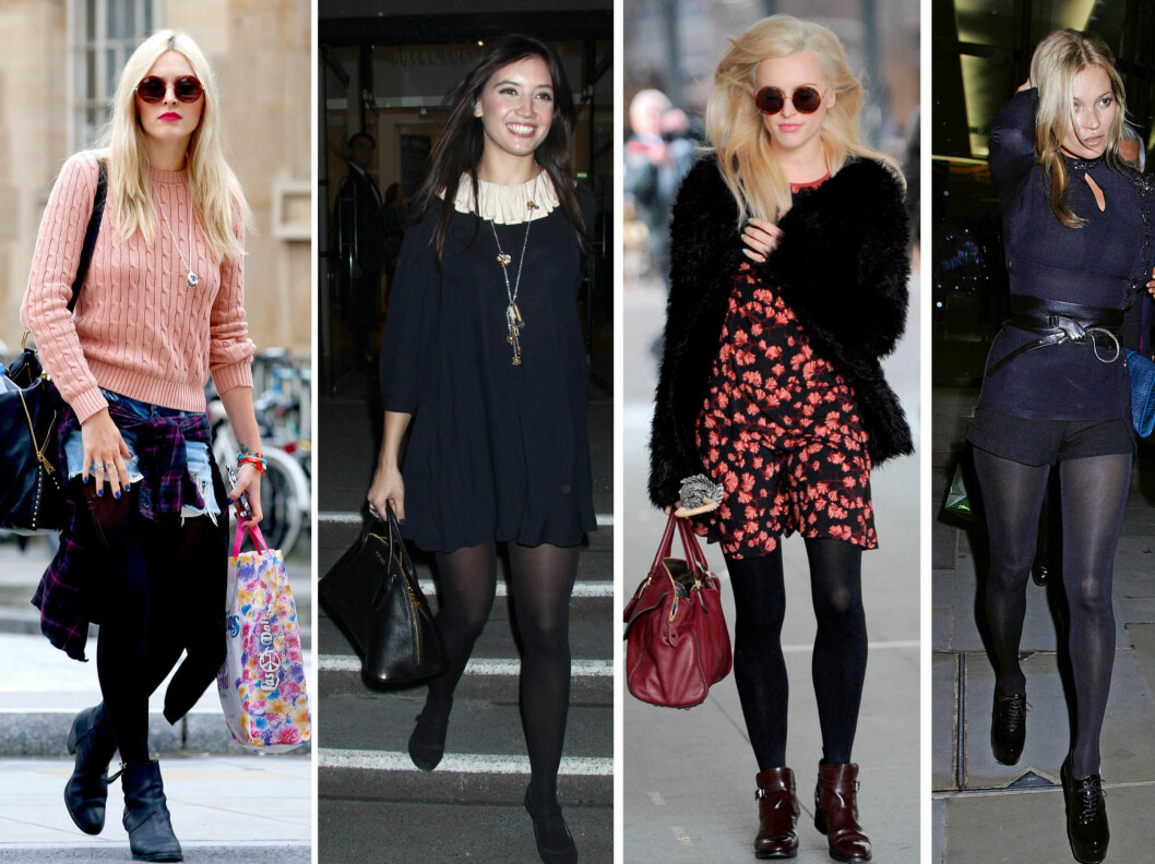 <strong>TETTE SVARTE STRØMPER SOM FUNKER TIL ALT:</strong> Fearne Cotton, Daisy Lowe og Kate Moss går alle for helt morke strømper i høy denier denne høsten. Foto: All Over Press <strong>TETTE SVARTE STRØMPER SOM FUNKER TIL ALT:</strong> Fearne Cotton, Daisy Lowe og Kate Moss går alle for helt morke strømper i høy denier denne høsten. Foto: All Over Press