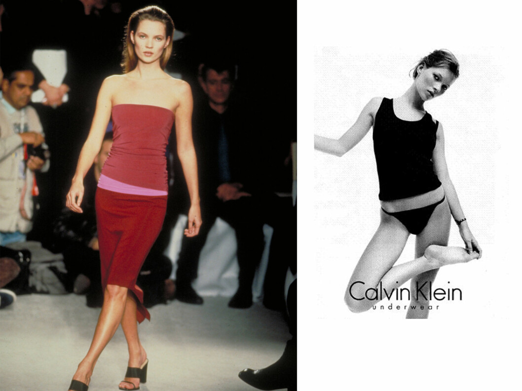 <strong>SLO GJENNOM PÅ 90-TALLET:</strong> Kate Moss slo for alvor gjennom i en undertøysreklame for Calvin Klein (til høyre) i 1993. Foto: All Over Press/Calvin Klein <strong>SLO GJENNOM PÅ 90-TALLET:</strong> Kate Moss slo for alvor gjennom i en undertøysreklame for Calvin Klein (til høyre) i 1993. Foto: All Over Press/Calvin Klein