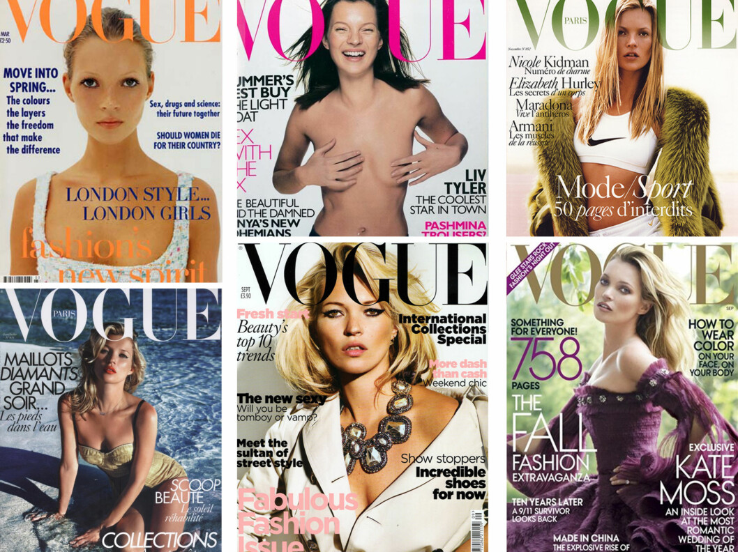 <strong>COVERPIKE:</strong> Kate Moss har prydet forsiden på motemagasinet Vogue over 33 ganger siden gjennombruddet sitt på begynnelsen av 90-tallet. Foto: Faksimile Vogue <strong>COVERPIKE:</strong> Kate Moss har prydet forsiden på motemagasinet Vogue over 33 ganger siden gjennombruddet sitt på begynnelsen av 90-tallet. Foto: Faksimile Vogue