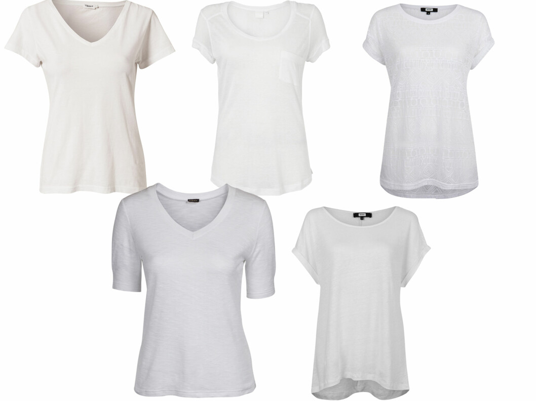 <strong>HVITE ENKLE T-SKJORTER - GENIALT TIL ALT:</strong> Øverst til venstre med v-hals (kr 450, Filippa K), i midten med vid rund hals (kr 400, Inwear), mønstret (kr 150, Bik Bok), med litt lengre ermer (kr 400, Wiksen) og løs modell (kr 100, Bik Bok). Foto: Produsenter <strong>HVITE ENKLE T-SKJORTER - GENIALT TIL ALT:</strong> Øverst til venstre med v-hals (kr 450, Filippa K), i midten med vid rund hals (kr 400, Inwear), mønstret (kr 150, Bik Bok), med litt lengre ermer (kr 400, Wiksen) og løs modell (kr 100, Bik Bok). Foto: Produsenter
