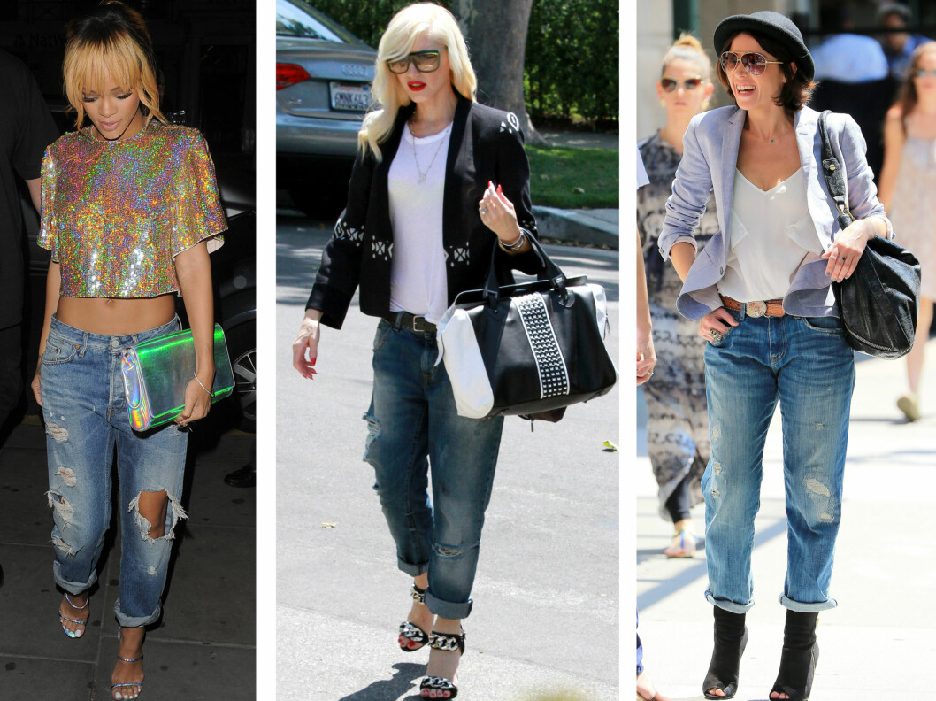 <strong>BOYFRIENDSJEANS MÅ ALLTID BRETTES OPP:</strong> Popstjernene Rihanna, Gwen Stefani og Danni Minogue har alle lånt buksen til kjæresten, og styler dem selvsagt med høye sandaler. Foto: All Over Press <strong>BOYFRIENDSJEANS MÅ ALLTID BRETTES OPP:</strong> Popstjernene Rihanna, Gwen Stefani og Danni Minogue har alle lånt buksen til kjæresten, og styler dem selvsagt med høye sandaler. Foto: All Over Press