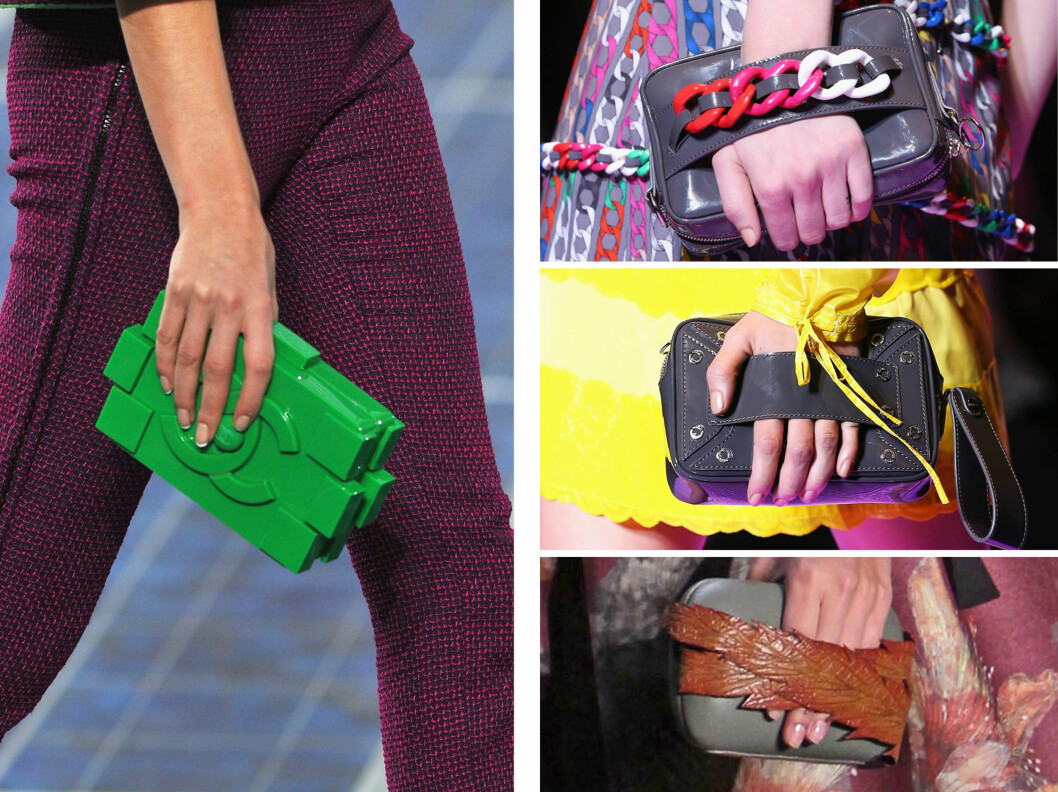 <strong>SMÅTT ER HOT:</strong> Under vår/sommervisningene for 2013 i høst, var det tydelig at det er den knøttlille vesken som er vårens "must have". Her fra Chanel, Versus og Alexandre Herchcovitch. Foto: All Over Press <strong>SMÅTT ER HOT:</strong> Under vår/sommervisningene for 2013 i høst, var det tydelig at det er den knøttlille vesken som er vårens "must have". Her fra Chanel, Versus og Alexandre Herchcovitch. Foto: All Over Press
