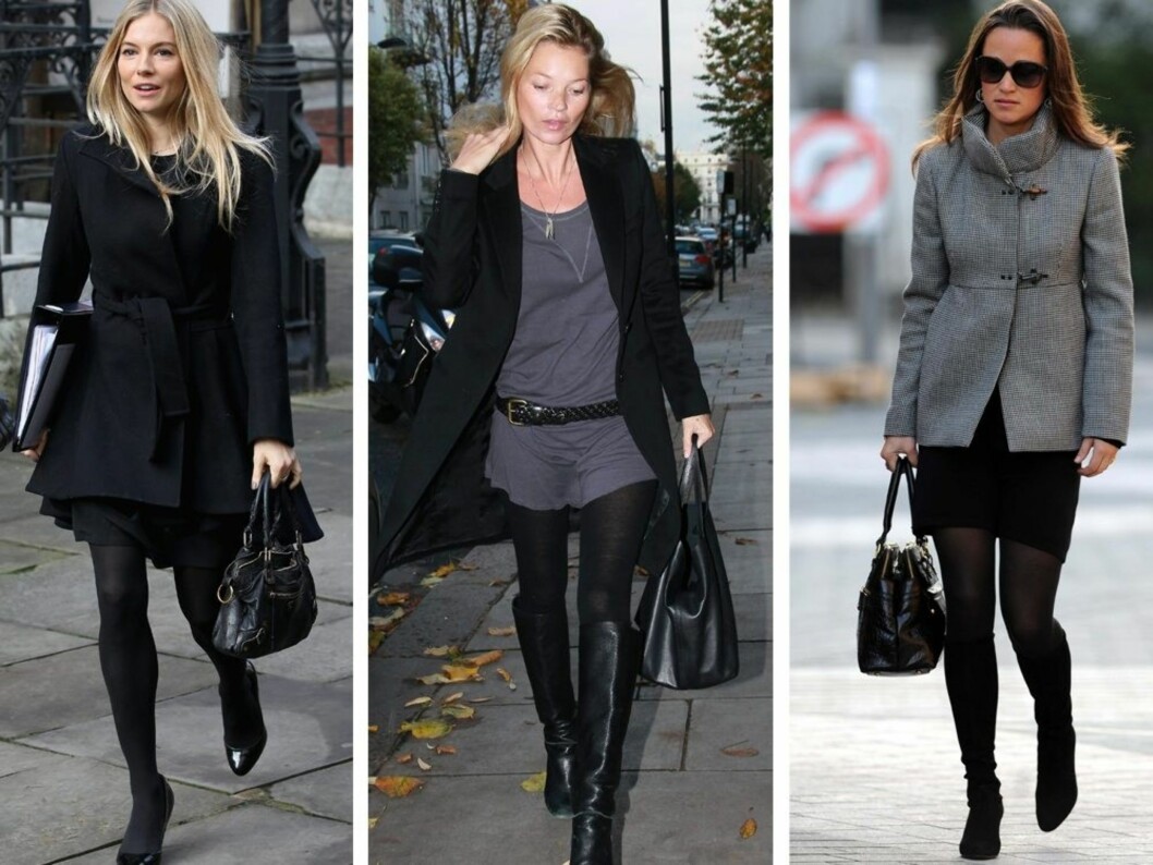 <strong>MASKETETTE STJERNER:</strong> Skuespiller Sienna Miller, supermodell Kate Moss og Pippa Middleton går alle for tette svarte strømper til kjolen. Foto: All Over Press <strong>MASKETETTE STJERNER:</strong> Skuespiller Sienna Miller, supermodell Kate Moss og Pippa Middleton går alle for tette svarte strømper til kjolen. Foto: All Over Press