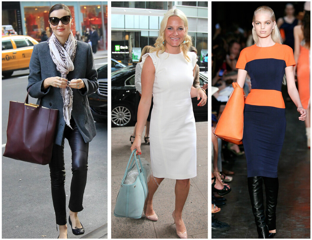 <strong>TRENDY:</strong> Miranda Kerr og kronprinsesse Mette-Marit med sine shoppervesker. Til høyre ser du bilde fra Victoria Beckhams siste motevisning. Foto: All Over Press <strong>TRENDY:</strong> Miranda Kerr og kronprinsesse Mette-Marit med sine shoppervesker. Til høyre ser du bilde fra Victoria Beckhams siste motevisning. Foto: All Over Press