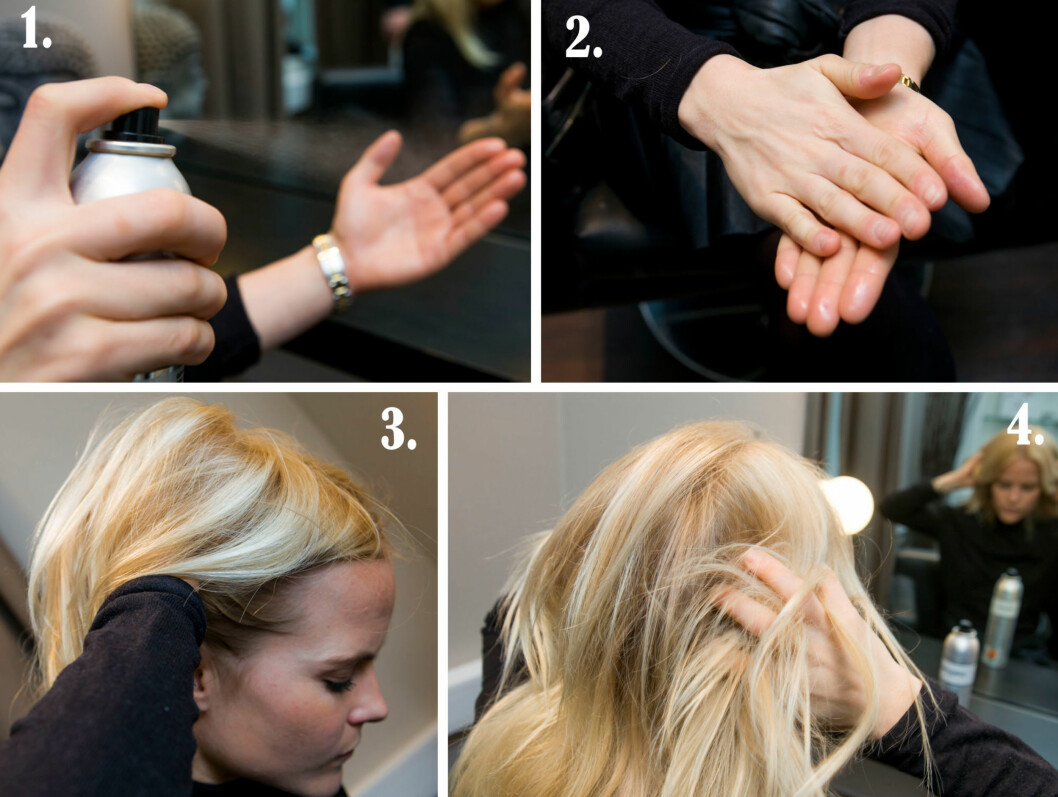 SLIK GJØR DU: 1. Ha hårspray på hendene 2. Gni de litt sammen 3. Påfør under håret - ved røttene der du ønsker volum 4. Bruk fingrene til å dandere/rufse/style håret slik du ønsker. Helt tilslutt - spray et superlett lag over håret (hold flaksen/sprayboksen 30 cm unna håret). Foto: Per Ervland SLIK GJØR DU: 1. Ha hårspray på hendene 2. Gni de litt sammen 3. Påfør under håret - ved røttene der du ønsker volum 4. Bruk fingrene til å dandere/rufse/style håret slik du ønsker. Helt tilslutt - spray et superlett lag over håret (hold flaksen/sprayboksen 30 cm unna håret). Foto: Per Ervland