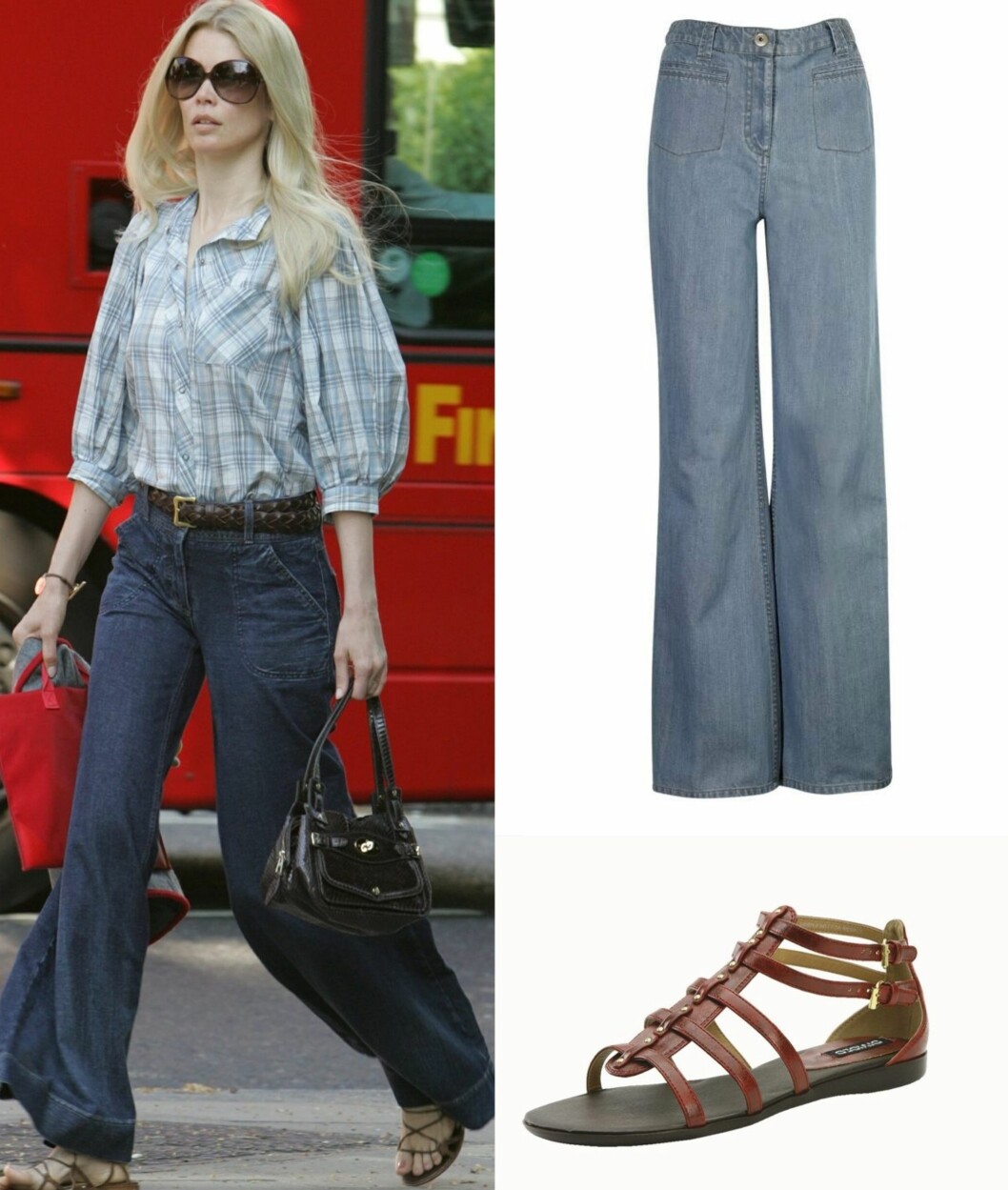 SEXY SLENG: Supermodell Claudia Schiffer kler sommerens 70-talls-møter-western-stil perfekt. I toppen til høyre en flagrende lyseblå bomullsbukse i vaskekte «Charlie's Angels»-stil (kr 300, Ellos), og plastikksandaler i gladiatorstil (kr 250, H&M). Foto: All Over Press SEXY SLENG: Supermodell Claudia Schiffer kler sommerens 70-talls-møter-western-stil perfekt. I toppen til høyre en flagrende lyseblå bomullsbukse i vaskekte «Charlie's Angels»-stil (kr 300, Ellos), og plastikksandaler i gladiatorstil (kr 250, H&M). Foto: All Over Press