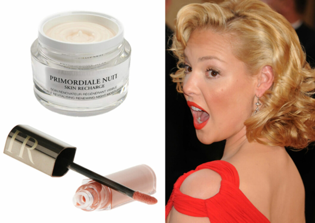 Grunnlaget og finishenPrimordiale Nuit Skin Recharge er en nattkrem som passer spesielt for deg som er 30+. Nattkremen skal forbedre hudstrukturen og nøytralisere de første tengnene på aldring (kr 660, Lancôme). For å få de rette filmstjerneleppene, legg en gloss over leppestiften. Prøv for eksempel Wanted Gloss (kr 220, Helena Rubinstein). Katherine Heigl har stilen med knallrøde, blanke lepper. Grunnlaget og finishenPrimordiale Nuit Skin Recharge er en nattkrem som passer spesielt for deg som er 30+. Nattkremen skal forbedre hudstrukturen og nøytralisere de første tengnene på aldring (kr 660, Lancôme). For å få de rette filmstjerneleppene, legg en gloss over leppestiften. Prøv for eksempel Wanted Gloss (kr 220, Helena Rubinstein). Katherine Heigl har stilen med knallrøde, blanke lepper.