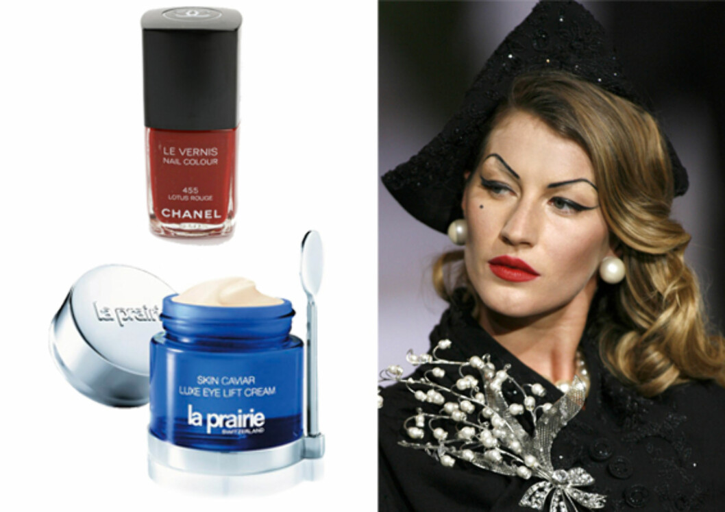 Klassisk eleganseSkin Caviar Luxe Cream skal gjøre huden rundt øynene glattere og redusere slapphet og ringer (kr 2250, La Prairie). Vil du ha klassiske, røde negler, prøv den dyprøde neglelakken fra Chanel, Le Vernis Lotus Rouge (kr 190). På bildet: Modell Gisele Bundchen på catwalken for John Galliano. Klassisk eleganseSkin Caviar Luxe Cream skal gjøre huden rundt øynene glattere og redusere slapphet og ringer (kr 2250, La Prairie). Vil du ha klassiske, røde negler, prøv den dyprøde neglelakken fra Chanel, Le Vernis Lotus Rouge (kr 190). På bildet: Modell Gisele Bundchen på catwalken for John Galliano.