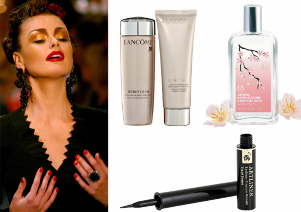 Sterke kontraster John Galliano viste denne stilen med gulløyeskygge på sine vårvisninger. Kirsebærblomstrende duft (kr 230, Body Shop). Den nye rensekremen Secret de Vie føles myk og delikat mot huden (kr Crème Cleanser kr 395, Cellular Reviving Lotion kr 415, Lancôme). Flytende eyeliner gir den det rette dårdyblikket. (Artliner, kr 275, Lancôme). Sterke kontraster John Galliano viste denne stilen med gulløyeskygge på sine vårvisninger. Kirsebærblomstrende duft (kr 230, Body Shop). Den nye rensekremen Secret de Vie føles myk og delikat mot huden (kr Crème Cleanser kr 395, Cellular Reviving Lotion kr 415, Lancôme). Flytende eyeliner gir den det rette dårdyblikket. (Artliner, kr 275, Lancôme).