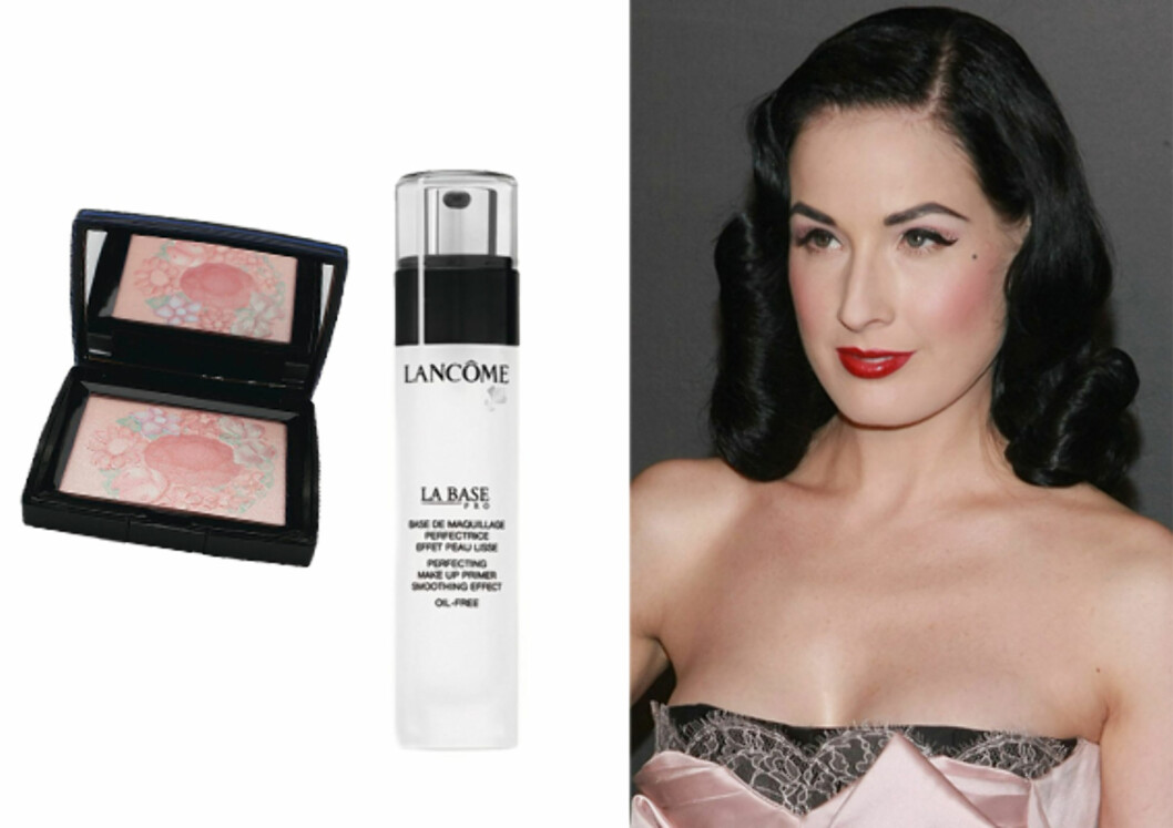 Hud som Snehvit Burlesque-modellen Dita von Teese er alltid gjennomført i pin up-stilen, med blek hud, røde lepper og rosa kinn. Nytt i vår er Diors rougepalett, som nesten er for vakker til å brukes (kr 460). Jevn hud får du med den oljefrie makeupbasen La Base Pro, som kamuflerer porer og linjer. Bruk den under foundation, og makeupen blir strålende (kr 355). Hud som Snehvit Burlesque-modellen Dita von Teese er alltid gjennomført i pin up-stilen, med blek hud, røde lepper og rosa kinn. Nytt i vår er Diors rougepalett, som nesten er for vakker til å brukes (kr 460). Jevn hud får du med den oljefrie makeupbasen La Base Pro, som kamuflerer porer og linjer. Bruk den under foundation, og makeupen blir strålende (kr 355).