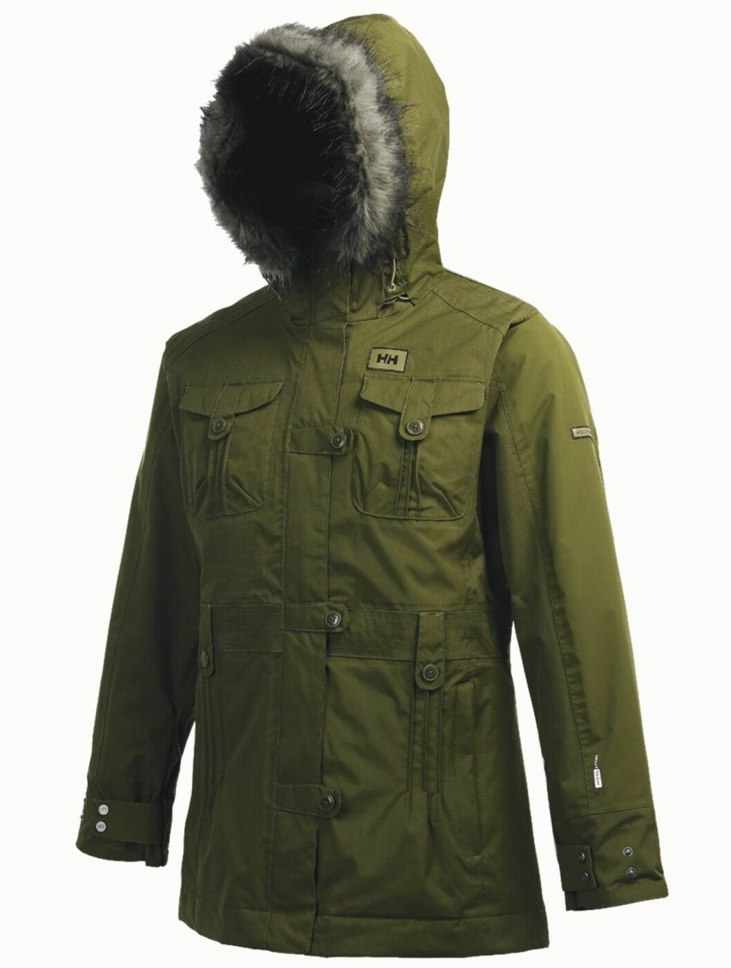Fôret vinterjakke med pelskantet hette (kr 2500, Helly Hansen). Fôret vinterjakke med pelskantet hette (kr 2500, Helly Hansen).