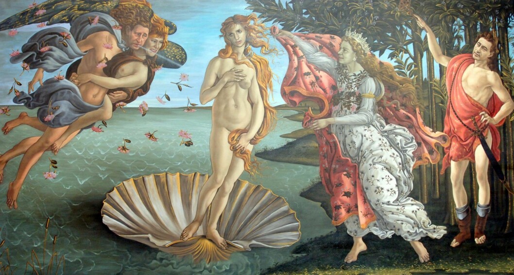 Kunstneren Terry Duffy tolket dramaet i det britiske kongehuset ved å lage sin egen versjon av Botticellis maleri «Venus Fødsel». På bildet kan vi se Charles, Camilla, Diana, dronning Elizabteh og Dodi Al-Fayed. Kunstneren Terry Duffy tolket dramaet i det britiske kongehuset ved å lage sin egen versjon av Botticellis maleri «Venus Fødsel». På bildet kan vi se Charles, Camilla, Diana, dronning Elizabteh og Dodi Al-Fayed.