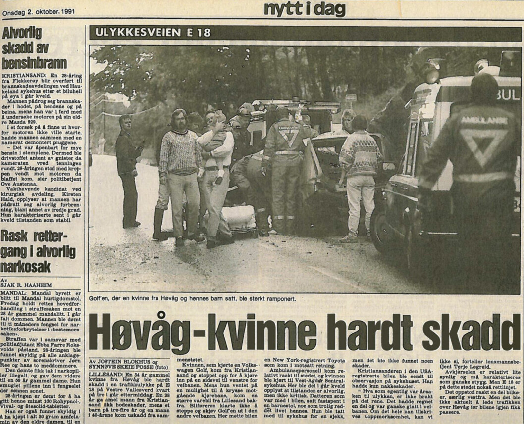 Ingebjørg og datteren på 2 år satt i bilen den novemberdagen i 1991 da ulykken inntraff. Faksimile fra Fædrelandsvennen. Ingebjørg og datteren på 2 år satt i bilen den novemberdagen i 1991 da ulykken inntraff. Faksimile fra Fædrelandsvennen.