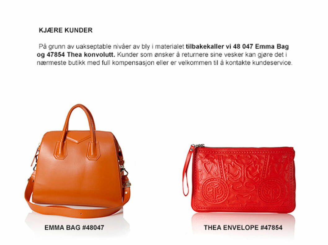 <strong>TILBAKEKALLER VESKE:</strong> Gina Tricot gir kundene muligheten til å returnere Emma Bag eller Thea Envelope hvis de ønsker det. Foto: Gina Tricot <strong>TILBAKEKALLER VESKE:</strong> Gina Tricot gir kundene muligheten til å returnere Emma Bag eller Thea Envelope hvis de ønsker det. Foto: Gina Tricot