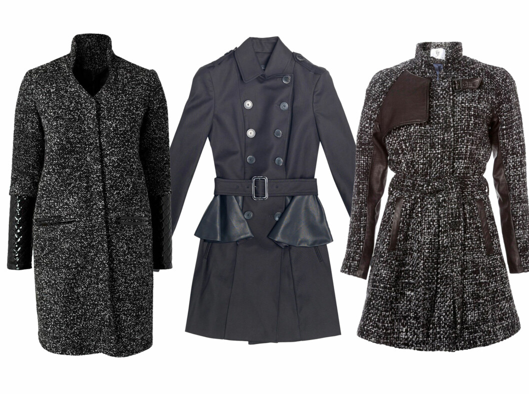 <strong>MED SKINNDETALJER:</strong> Med detaljer i lakk (kr 995, Issue 1.3/nelly.com), med peplum (kr 1160, Zara) og grå (kr 1500, Vero Moda). Foto: Produsentene <strong>MED SKINNDETALJER:</strong> Med detaljer i lakk (kr 995, Issue 1.3/nelly.com), med peplum (kr 1160, Zara) og grå (kr 1500, Vero Moda). Foto: Produsentene
