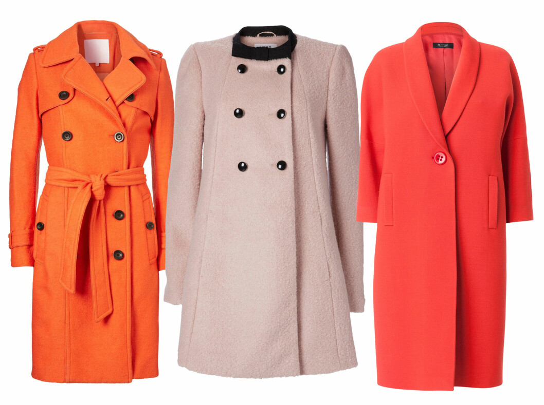 <strong>FARGEGLADE:</strong> Oransje (kr 2300, Inwear), pudderrosa (kr 800, Vero Moda) og rød (kr 4995, Sand). Foto: Produsentene <strong>FARGEGLADE:</strong> Oransje (kr 2300, Inwear), pudderrosa (kr 800, Vero Moda) og rød (kr 4995, Sand). Foto: Produsentene