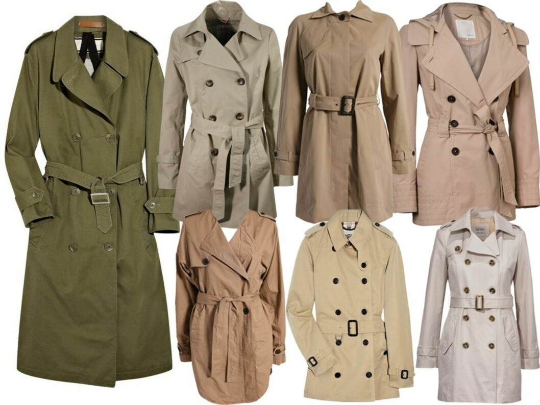 50 PROSENT RABATT: Olivengrønn frakk (cirka kr 1200, By Malene Birger/Netaporter.com), øverst i midten kort beige modell (kr 630 , Esprit/Ellos), med knapp øverst (kr 400, Mango/Nelly.com), med knyting på hetten (kr 700, InWear/Ellos), sandfarget oversized modell (kr 200, Mango/Nelly.com), kort urklassiker (cirka kr 3000, Burberry/Netaporter.com) og i krem med brune knapper (kr 750, Esprit/Ellos). Foto: Produsenter 50 PROSENT RABATT: Olivengrønn frakk (cirka kr 1200, By Malene Birger/Netaporter.com), øverst i midten kort beige modell (kr 630 , Esprit/Ellos), med knapp øverst (kr 400, Mango/Nelly.com), med knyting på hetten (kr 700, InWear/Ellos), sandfarget oversized modell (kr 200, Mango/Nelly.com), kort urklassiker (cirka kr 3000, Burberry/Netaporter.com) og i krem med brune knapper (kr 750, Esprit/Ellos). Foto: Produsenter