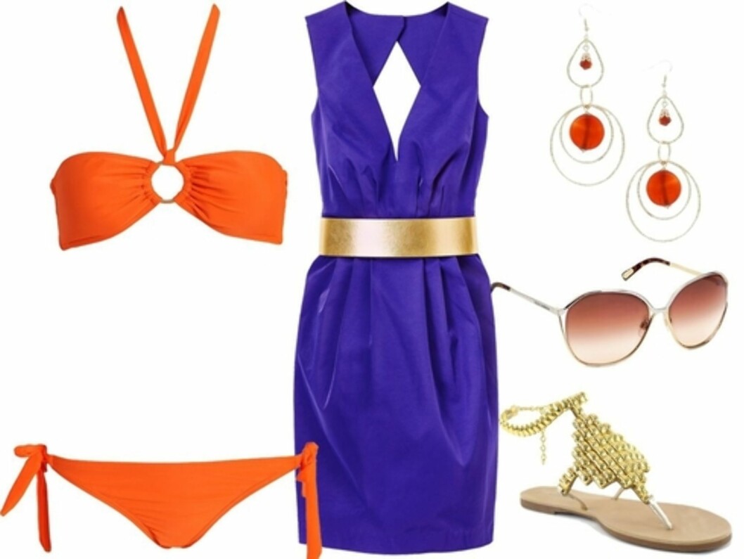 FESTENS UBESTRIDTE FASHIONISTA: Oransje bikini (kr 300, Dry Lake/Nelly.com), lilla kjole med gullbelte (kr 300, H&M), øredobber med oransje steiner (kr 60, Gina Tricot), store solbriller (kr 2200, Christian Dior) og gullpyntede sandaler (kr 250, Nelly.com). (Foto: Produsenter) Foto: Produsentene/Collage: Cecilie Leganger FESTENS UBESTRIDTE FASHIONISTA: Oransje bikini (kr 300, Dry Lake/Nelly.com), lilla kjole med gullbelte (kr 300, H&M), øredobber med oransje steiner (kr 60, Gina Tricot), store solbriller (kr 2200, Christian Dior) og gullpyntede sandaler (kr 250, Nelly.com). (Foto: Produsenter) Foto: Produsentene/Collage: Cecilie Leganger