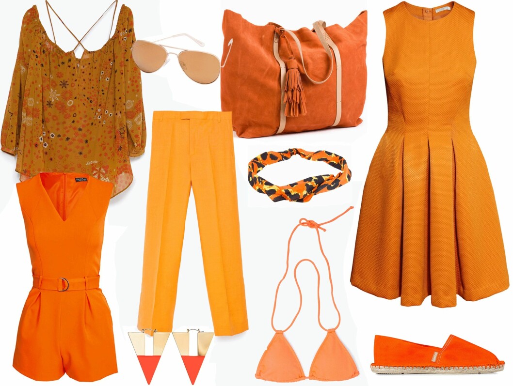 SHOP ORANSJE: Topp fra Zara, kr 199. Jumpsuit fra Miss Selfridge via Nelly.com, kr 649. Solbriller fra Gina Tricot, kr 79. Bukse fra Zara, kr 199. Øredobber fra H&M, kr 79,50. Veske fra Pieces via Nelly.com, kr 549. Hårbånd fra Rut&Circle via Nelly.com, kr 79. Bikinitopp fra Zara, kr 99. Kjole fra H&M, kr 399. Espadrillos fra Espadrij L'originale via Nelly.com, kr 299. Foto: Produsentene, Nelly.com SHOP ORANSJE: Topp fra Zara, kr 199. Jumpsuit fra Miss Selfridge via Nelly.com, kr 649. Solbriller fra Gina Tricot, kr 79. Bukse fra Zara, kr 199. Øredobber fra H&M, kr 79,50. Veske fra Pieces via Nelly.com, kr 549. Hårbånd fra Rut&Circle via Nelly.com, kr 79. Bikinitopp fra Zara, kr 99. Kjole fra H&M, kr 399. Espadrillos fra Espadrij L'originale via Nelly.com, kr 299. Foto: Produsentene, Nelly.com