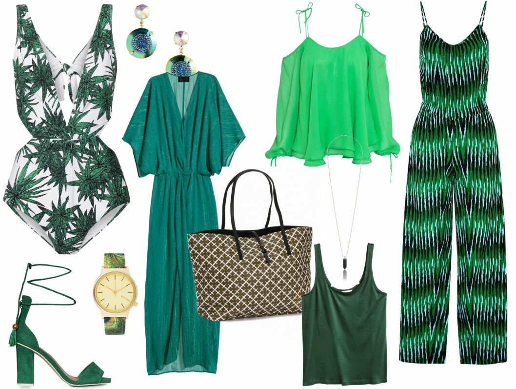 SHOP GRØNT: Badedrakt fra Mara Hoffman, kr 2552. Hæler fra Nelly.com, kr 399. Øredobber fra H&M, kr 49,50. Klokke fra Komono via Zalando.no, kr 649. Kjole fra H&M, kr 499. Veske fra By Malene Birger via Nelly.com, kr 2195. Topp fra H&M, kr 399. Kjede fra Gina Tricot, kr 129. Tanktop fra H&M, kr 79,50. Jumpsuit fra Michael Michael Kors via Net-a-porter.com, kr 835. Foto: Produsentene, Nelly.com, Net-a-porter.com, Zalando.no SHOP GRØNT: Badedrakt fra Mara Hoffman, kr 2552. Hæler fra Nelly.com, kr 399. Øredobber fra H&M, kr 49,50. Klokke fra Komono via Zalando.no, kr 649. Kjole fra H&M, kr 499. Veske fra By Malene Birger via Nelly.com, kr 2195. Topp fra H&M, kr 399. Kjede fra Gina Tricot, kr 129. Tanktop fra H&M, kr 79,50. Jumpsuit fra Michael Michael Kors via Net-a-porter.com, kr 835. Foto: Produsentene, Nelly.com, Net-a-porter.com, Zalando.no