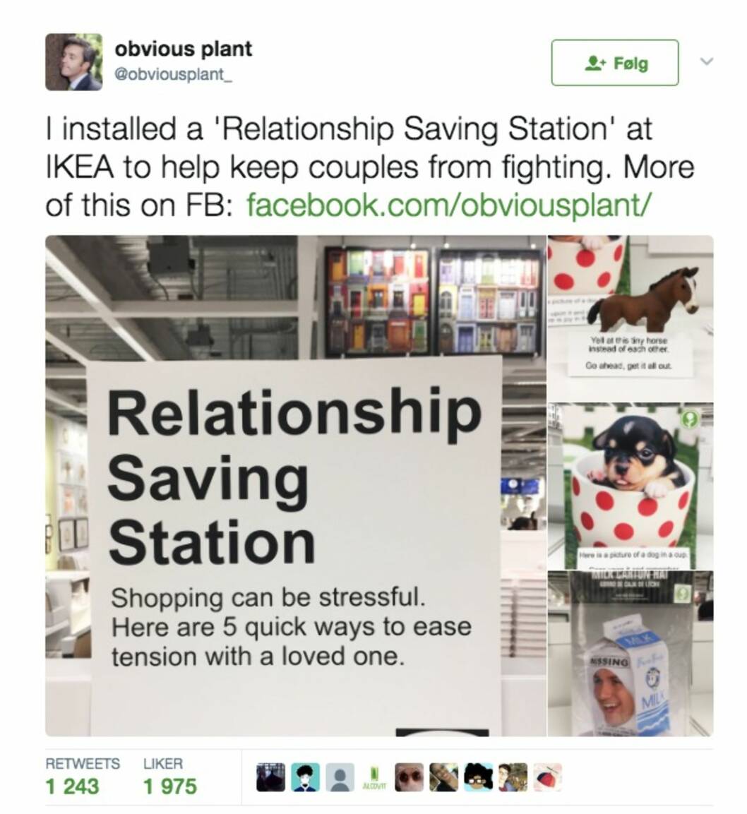 IKEA: Komikeren vil hjelpe par å unngå krangling under handleturen. Foto: Skjermdump Twitter IKEA: Komikeren vil hjelpe par å unngå krangling under handleturen. Foto: Skjermdump Twitter