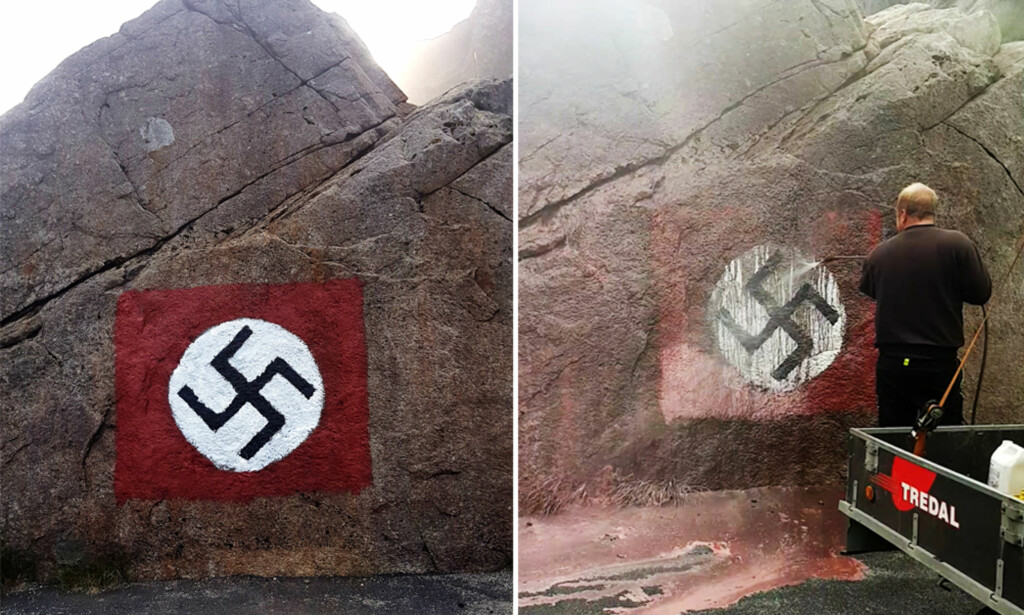 HAKEKORS: Dette hakekorset ble malt på en steinvegg i Gloppedalsura i Rogaland, trolig i løpet av natta. Bildet til høyre viser hvordan det ble fjernet, bare minutter etter at det ble oppdaget. Alle foto: Kurt Erik Sele