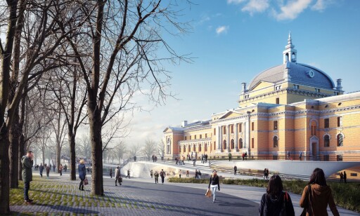 NYTT BYROM: Teatret sett fra Karl Johans gate med ryggen mot Slottet. Tegning: Dark arkitekter NYTT BYROM: Teatret sett fra Karl Johans gate med ryggen mot Slottet. Tegning: Dark arkitekter
