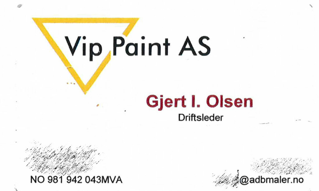 VISITTKORTET: Konkursrytteren Gjert I. Olsen har inntil nylig operert gjennom selskapet VIP Paint AS. Det var han som skaffet Afore jobbene for S-bygg. Både organisasjonsnummeret og domenet adbmaler.no tilhører VIP Paint. Dagbladet har sladdet kontaktinformasjonen på kortet. VISITTKORTET: Konkursrytteren Gjert I. Olsen har inntil nylig operert gjennom selskapet VIP Paint AS. Det var han som skaffet Afore jobbene for S-bygg. Både organisasjonsnummeret og domenet adbmaler.no tilhører VIP Paint. Dagbladet har sladdet kontaktinformasjonen på kortet.