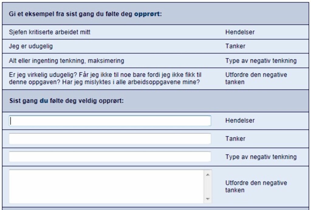 TANKER: Man ser på ulike typer dysfunksjonell tenkning, øver på å identifisere negative tanker Foto: Randi Laukli TANKER: Man ser på ulike typer dysfunksjonell tenkning, øver på å identifisere negative tanker Foto: Randi Laukli