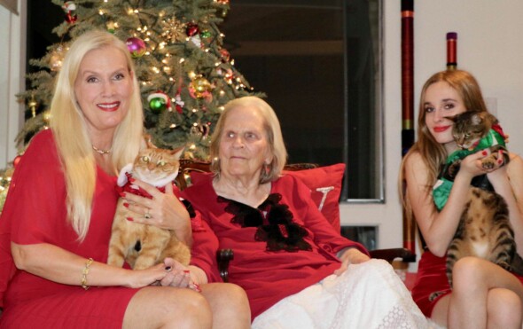 JULESTEMING: Gunilla Persson i full juleoppsats sammen med kattene Tusse og Lulle, dattera Erika Persson og mora Iris Persson. Foto: Privat JULESTEMING: Gunilla Persson i full juleoppsats sammen med kattene Tusse og Lulle, dattera Erika Persson og mora Iris Persson. Foto: Privat