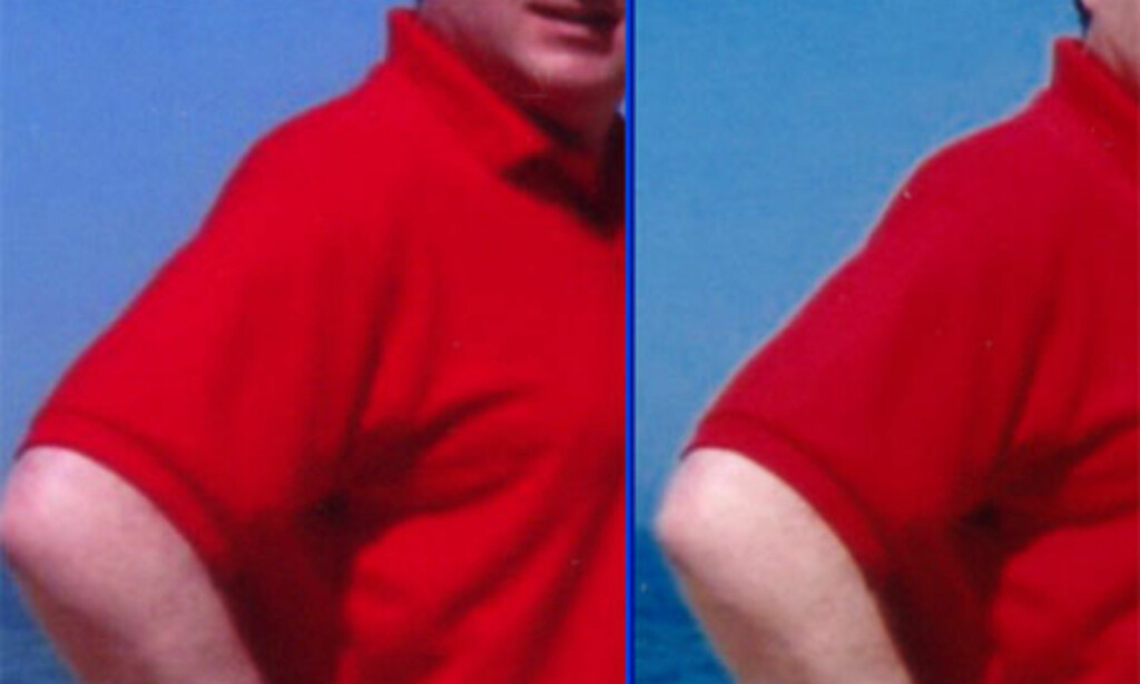Til venstre ser du utsnitt fra et bilde fra Preus, til høyre samme bilde fra Foto Labo. Legg merke til den hvite kanten der skulder og arm møter himmelen på bildet fra Foto Labo. Bildet har tydeligvis blitt skarpet, og i dette tilfellet blitt tilført for mye. Til venstre ser du utsnitt fra et bilde fra Preus, til høyre samme bilde fra Foto Labo. Legg merke til den hvite kanten der skulder og arm møter himmelen på bildet fra Foto Labo. Bildet har tydeligvis blitt skarpet, og i dette tilfellet blitt tilført for mye.