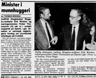 VERBALT SLAGSMÅL: Ringebu-ordfører Erik S. Winther og næringsminister Petter Thomassen (H) sparte ikke på karakteristikkene av hverandre om Kvitfjells være eller ikke være etter OL i 1994. Her i tottene på hverandre på et folkemøte i Gjøvik. Faksimile Dagbladet februar 1990. VERBALT SLAGSMÅL: Ringebu-ordfører Erik S. Winther og næringsminister Petter Thomassen (H) sparte ikke på karakteristikkene av hverandre om Kvitfjells være eller ikke være etter OL i 1994. Her i tottene på hverandre på et folkemøte i Gjøvik. Faksimile Dagbladet februar 1990.