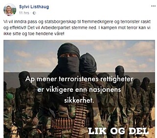 DELT: Sylvi Listhaug delte dette på sin Facebook-profil fredag morgen. Foto: Skjermdump / Facebook DELT: Sylvi Listhaug delte dette på sin Facebook-profil fredag morgen. Foto: Skjermdump / Facebook