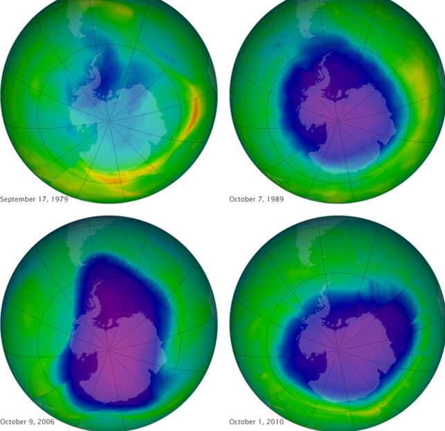 OZONLAGET: Bildet fra NASA viser ozonlaget. Øverst til venstre viser ozonlaget i 1979, øverst til høyre viser tilstanden ti år senere. Bildene under viser at ozonlaget heles, sakte men sikkert. Foto: NASA / AP / TT / NTB Scanpix OZONLAGET: Bildet fra NASA viser ozonlaget. Øverst til venstre viser ozonlaget i 1979, øverst til høyre viser tilstanden ti år senere. Bildene under viser at ozonlaget heles, sakte men sikkert. Foto: NASA / AP / TT / NTB Scanpix