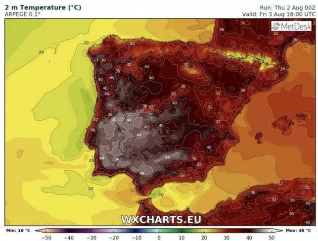 HETEBØLGEN: Bildet viser torsdagens temperaturer ved Den iberiske halvøy, som omfatter Spania og Portugal. Foto: Severe Weather Europe HETEBØLGEN: Bildet viser torsdagens temperaturer ved Den iberiske halvøy, som omfatter Spania og Portugal. Foto: Severe Weather Europe