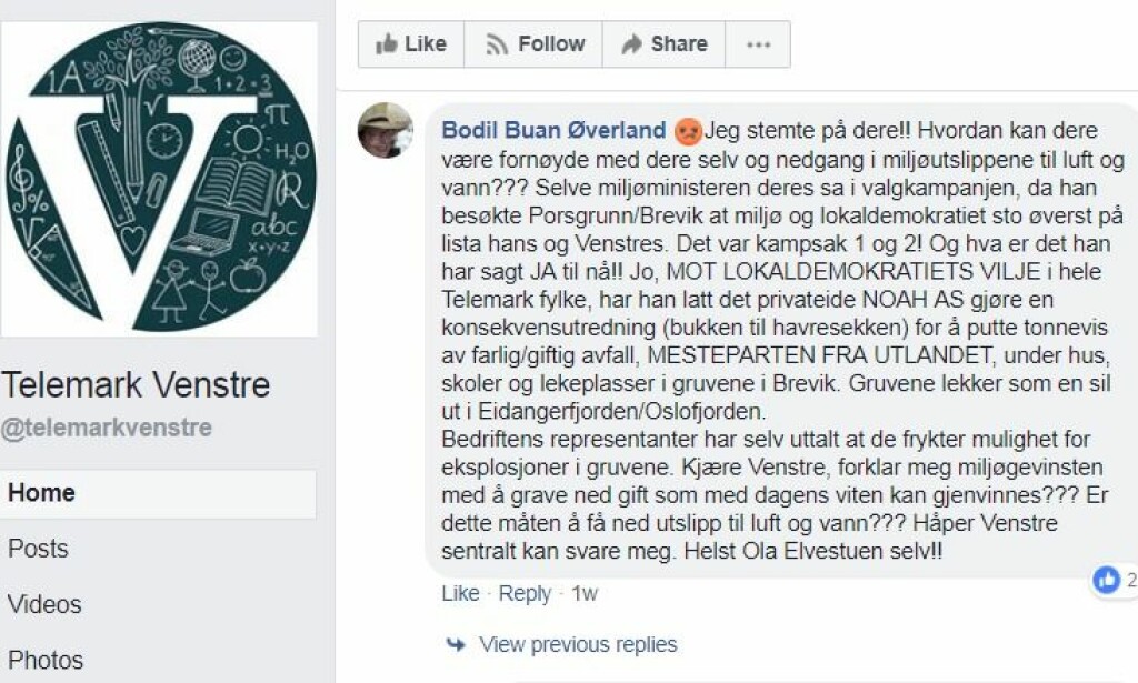 SKUFFET: Flere Venstre-velgere føler seg sveket etter at regjeringen under Venstre-statsråd Ola Elvestuen likevel åpner for statlig planprosess, til tross for valgkampløftene. Foto: Skjermdump/Facebook. SKUFFET: Flere Venstre-velgere føler seg sveket etter at regjeringen under Venstre-statsråd Ola Elvestuen likevel åpner for statlig planprosess, til tross for valgkampløftene. Foto: Skjermdump/Facebook.