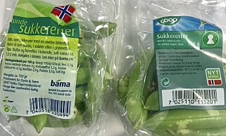 Norske sukkererter selges i små poser som snacks og kan i følge produsentene spises rett fra posen. Foto: Aase DotterudP Norske sukkererter selges i små poser som snacks og kan i følge produsentene spises rett fra posen. Foto: Aase DotterudP