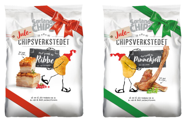 Med smak av julemat: Sørlandschips lanserer to overraskende nye smaker; pinnekjøtt og ribbe. Chipsen er i butikk fra midten av oktober, og vil koste 29,90 kroner. lllustrasjon: Sørlandschips Med smak av julemat: Sørlandschips lanserer to overraskende nye smaker; pinnekjøtt og ribbe. Chipsen er i butikk fra midten av oktober, og vil koste 29,90 kroner. lllustrasjon: Sørlandschips