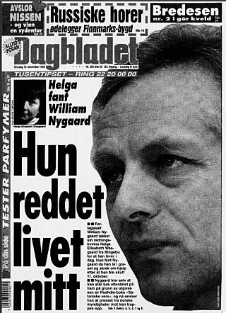 TAKKET HELGA: William Nygaard har takket Helga for hjelpen da han ble utsatt for attentatforsøket. Her på forsida i Dagbladet den 15. desember 1993. Faksimile: Dagbladet TAKKET HELGA: William Nygaard har takket Helga for hjelpen da han ble utsatt for attentatforsøket. Her på forsida i Dagbladet den 15. desember 1993. Faksimile: Dagbladet