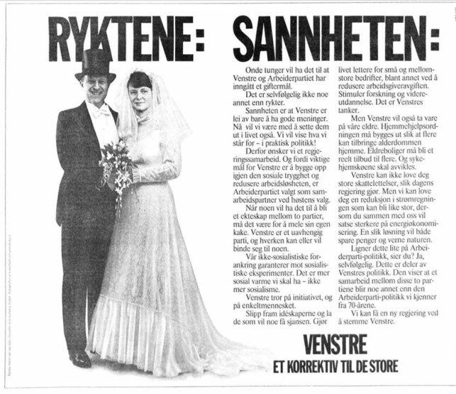 1985-VALGET: Venstre-leder Odd Einar Dørum i fotomontasje med Ap-leder Gro Harlem Brundtland i valgannonse. Faksimile: Venstre 1985-VALGET: Venstre-leder Odd Einar Dørum i fotomontasje med Ap-leder Gro Harlem Brundtland i valgannonse. Faksimile: Venstre