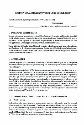 OPSJON: Dagbladet har fått tilgang på begge avtalene deltakerne må underskrive på, inkludert opsjonsavtalen med Universal Music. OPSJON: Dagbladet har fått tilgang på begge avtalene deltakerne må underskrive på, inkludert opsjonsavtalen med Universal Music.