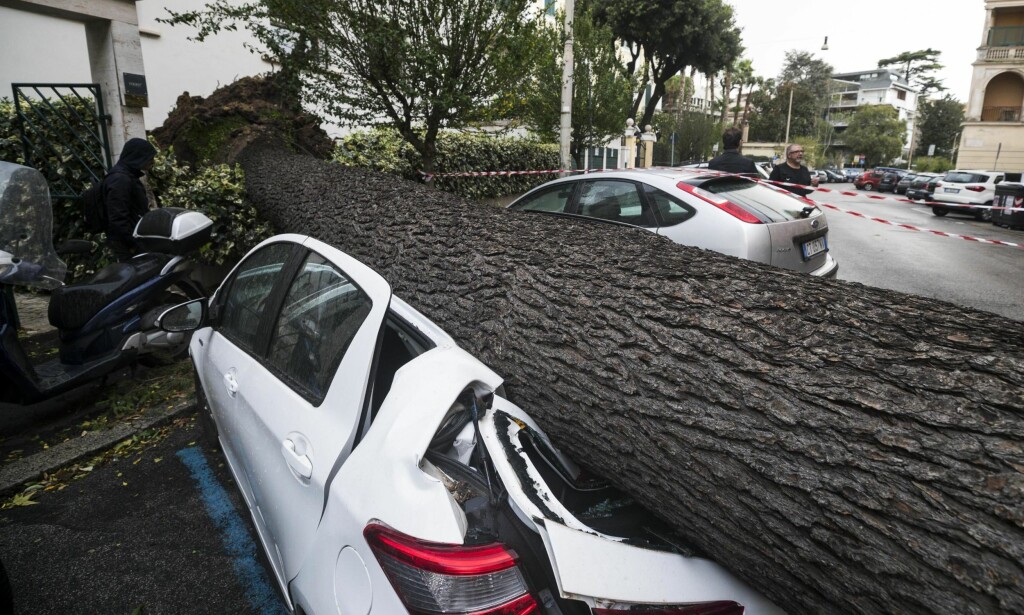STORM: Et tre har falt over et bil i Roma. Foto: Angelo Carconi / ANSA via AP / NTB scanpix STORM: Et tre har falt over et bil i Roma. Foto: Angelo Carconi / ANSA via AP / NTB scanpix