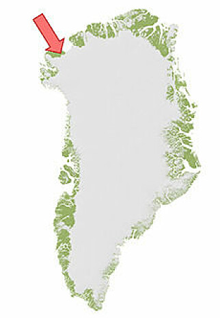 FUNNET: Her ble krateret funnet, i den nordvestlige delen av Grønland. Illustrasjon: Statens Naturhistorie Museum FUNNET: Her ble krateret funnet, i den nordvestlige delen av Grønland. Illustrasjon: Statens Naturhistorie Museum